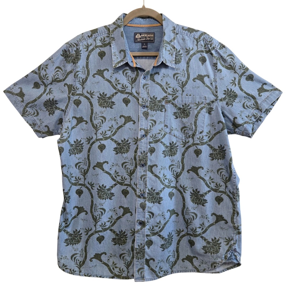 American Rag Mens XL Blue Floral Vine Print Short Sleeve Button Down Shirt